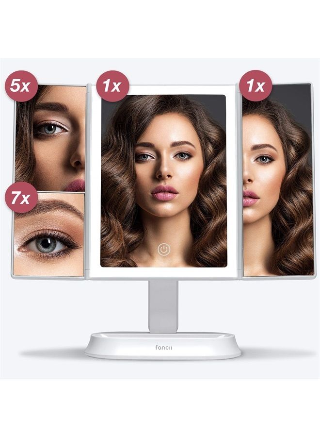 Makeup Mirror with Natural LED Lights, Lighted Trifold Vanity Mirror with 5X & 7X Magnifications - 40 Dimmable Lights, Touch Screen, Cosmetic Stand - Sora (White)