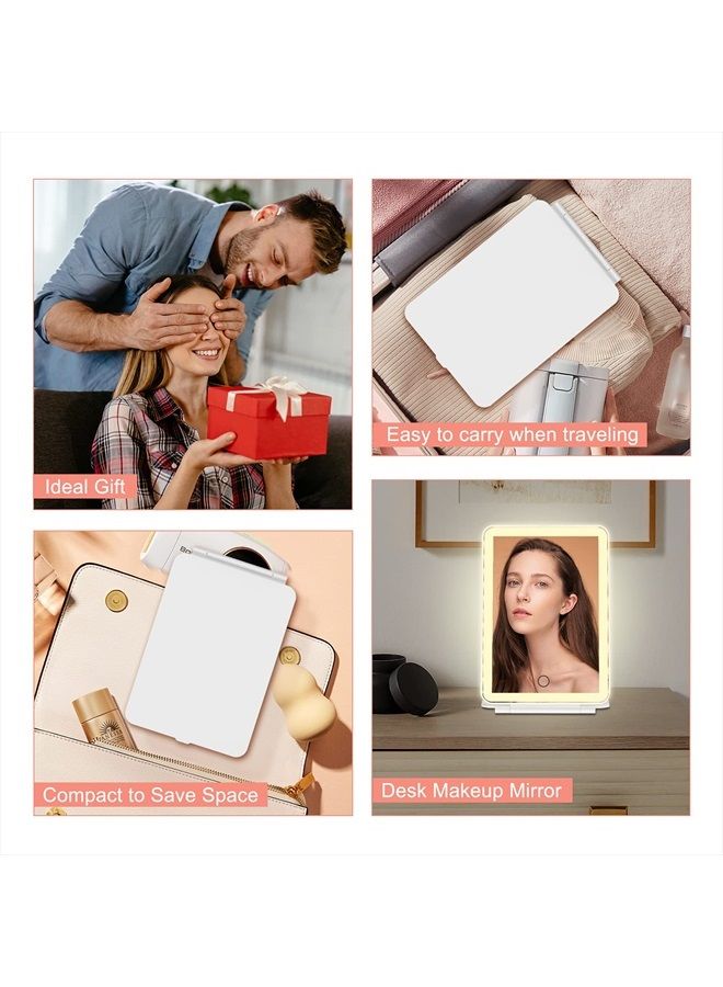 Rechargeable Travel Makeup Vanity Mirror with 72 Led Lights, Portable Lighted Makeup Beauty Mirror, 3 Color Lighting, Dimmable Touch Screen, Tabletop LED Folding Cosmetic Mirror with Lights