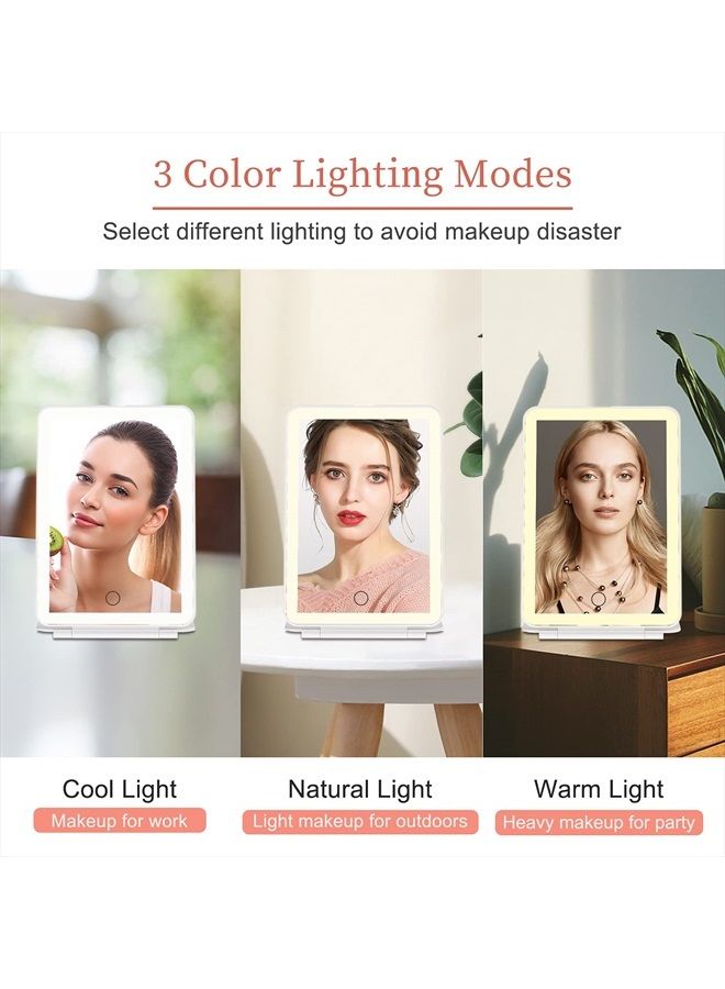 Rechargeable Travel Makeup Vanity Mirror with 72 Led Lights, Portable Lighted Makeup Beauty Mirror, 3 Color Lighting, Dimmable Touch Screen, Tabletop LED Folding Cosmetic Mirror with Lights