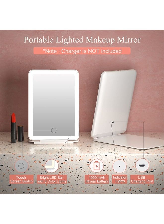 Rechargeable Travel Makeup Vanity Mirror with 72 Led Lights, Portable Lighted Makeup Beauty Mirror, 3 Color Lighting, Dimmable Touch Screen, Tabletop LED Folding Cosmetic Mirror with Lights
