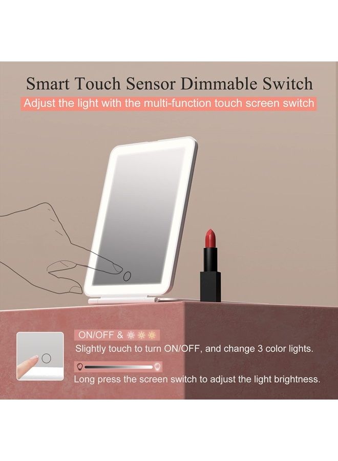 Rechargeable Travel Makeup Vanity Mirror with 72 Led Lights, Portable Lighted Makeup Beauty Mirror, 3 Color Lighting, Dimmable Touch Screen, Tabletop LED Folding Cosmetic Mirror with Lights