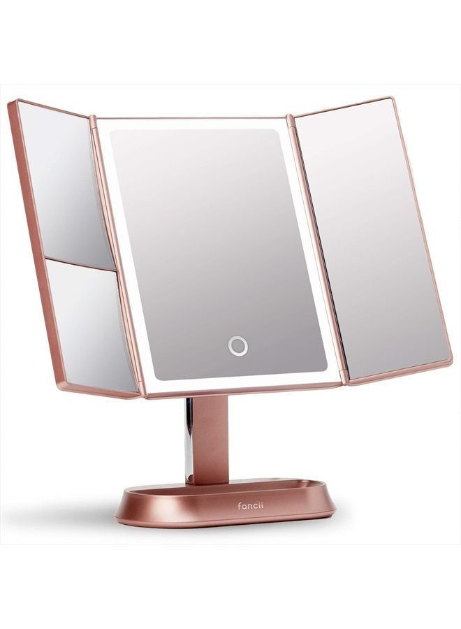 Makeup Mirror with Natural LED Lights, Lighted Trifold Vanity Mirror with 5X & 7X Magnifications - 40 Dimmable Lights, Touch Screen, Cosmetic Stand - Sora (Rose Gold)