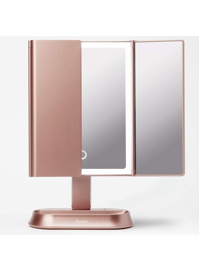 Makeup Mirror with Natural LED Lights, Lighted Trifold Vanity Mirror with 5X & 7X Magnifications - 40 Dimmable Lights, Touch Screen, Cosmetic Stand - Sora (Rose Gold)