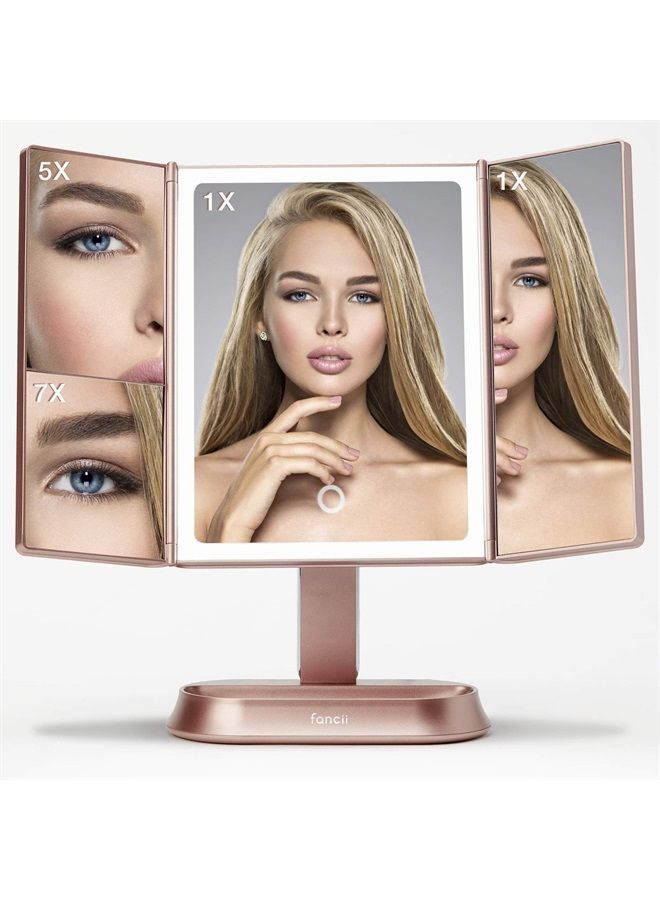 Makeup Mirror with Natural LED Lights, Lighted Trifold Vanity Mirror with 5X & 7X Magnifications - 40 Dimmable Lights, Touch Screen, Cosmetic Stand - Sora (Rose Gold)