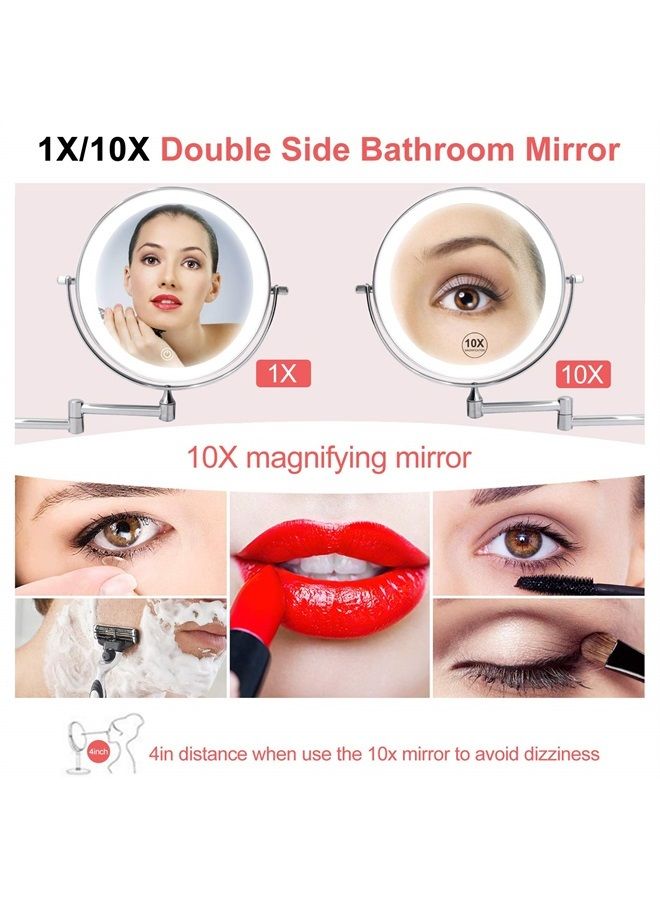 Rechargeable Wall Mounted Lighted Makeup Vanity Mirror 8 Inch Double Sided 1X 10X Magnifying Bathroom Mirror, 3 Color Lighting, Touch Screen Dimming, Extended Arm 360 Rotation Shaving Light up Mirror