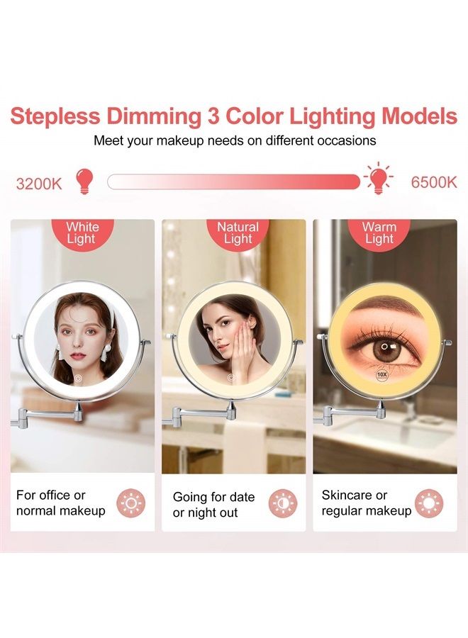 Rechargeable Wall Mounted Lighted Makeup Vanity Mirror 8 Inch Double Sided 1X 10X Magnifying Bathroom Mirror, 3 Color Lighting, Touch Screen Dimming, Extended Arm 360 Rotation Shaving Light up Mirror