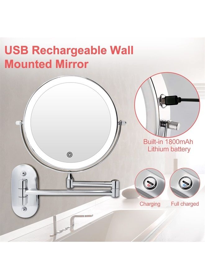 Rechargeable Wall Mounted Lighted Makeup Vanity Mirror 8 Inch Double Sided 1X 10X Magnifying Bathroom Mirror, 3 Color Lighting, Touch Screen Dimming, Extended Arm 360 Rotation Shaving Light up Mirror