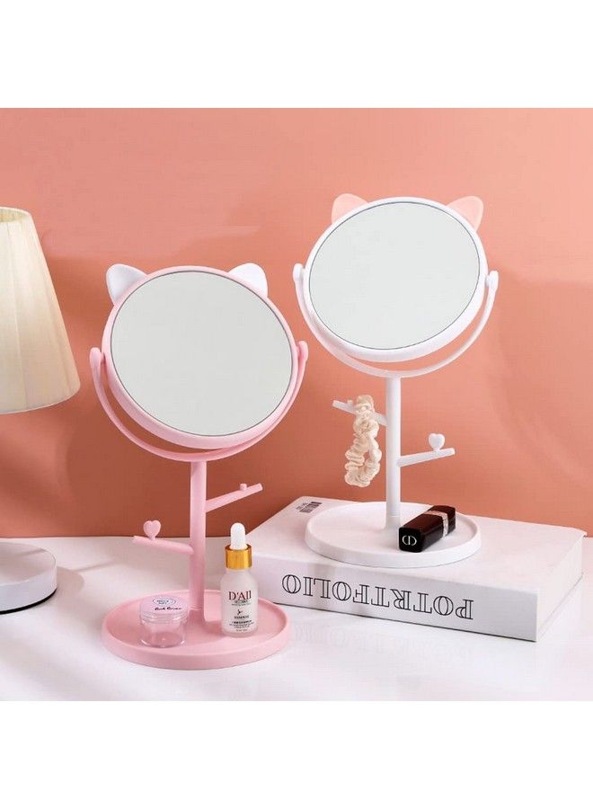 Cute Rotatable Makeup Mirror With Cat Earsshaped Decor Standing Desktop Oneway Mirror With Organizer Beauty Tool (White)