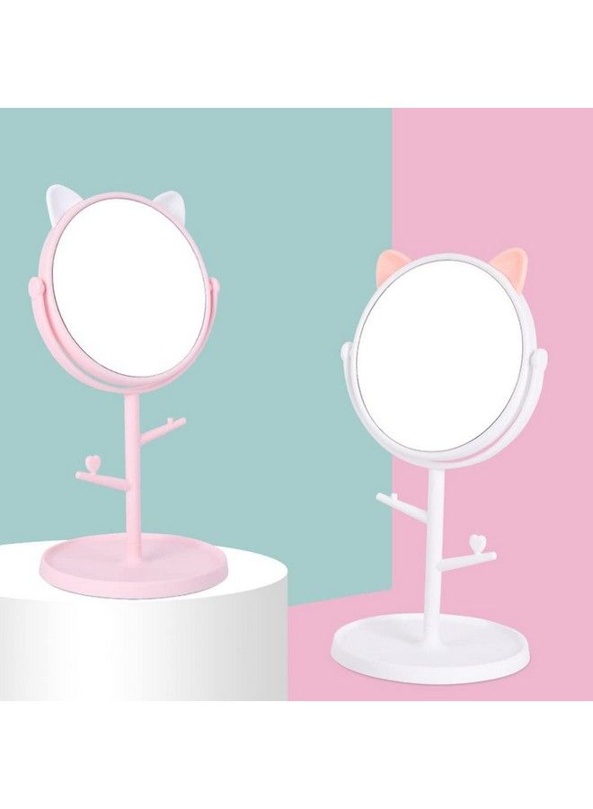 Cute Rotatable Makeup Mirror With Cat Earsshaped Decor Standing Desktop Oneway Mirror With Organizer Beauty Tool (White)