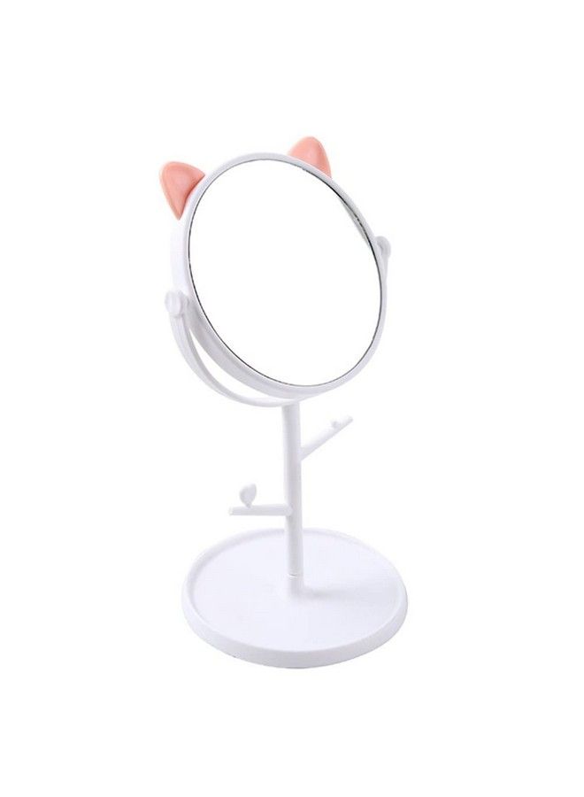 Cute Rotatable Makeup Mirror With Cat Earsshaped Decor Standing Desktop Oneway Mirror With Organizer Beauty Tool (White)