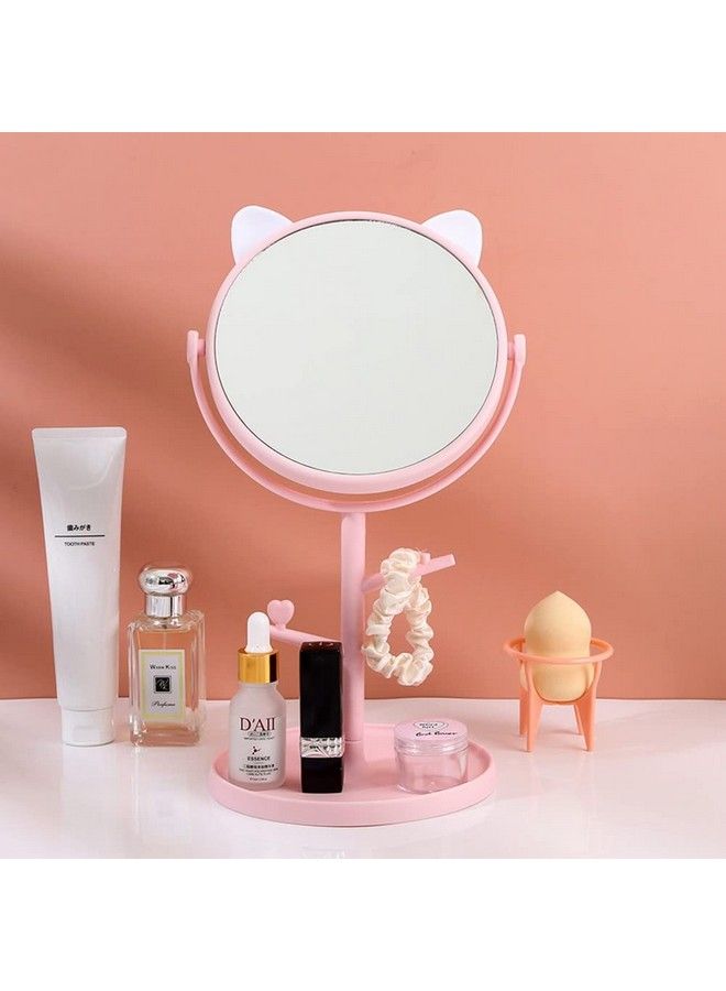 Cute Rotatable Makeup Mirror With Cat Earsshaped Decor Standing Desktop Oneway Mirror With Organizer Beauty Tool (White)