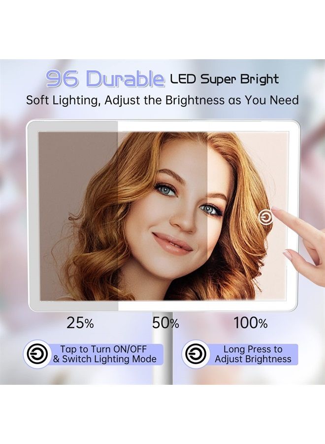 Rechargeable Makeup Mirror with Lights,Lighted Makeup Vanity Mirror with 96 LED Phone Holder and 10X Magnifying Mirror, 3Color Lighting Light Up Cosmetic Mirror with Sensor Touch Dimmable,360°Rotation