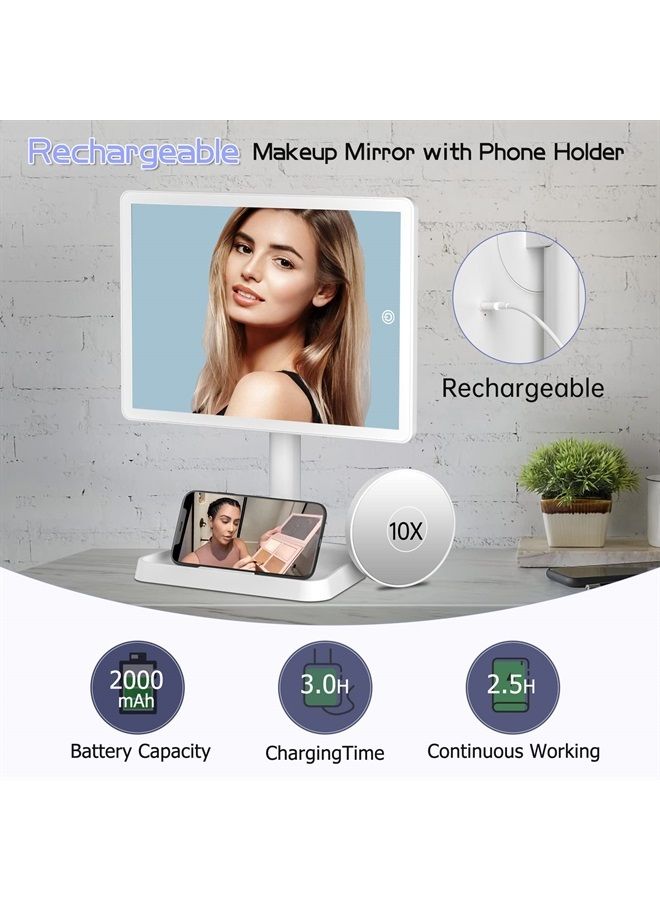 Rechargeable Makeup Mirror with Lights,Lighted Makeup Vanity Mirror with 96 LED Phone Holder and 10X Magnifying Mirror, 3Color Lighting Light Up Cosmetic Mirror with Sensor Touch Dimmable,360°Rotation