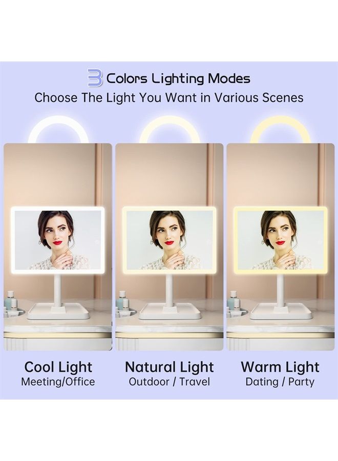 Rechargeable Makeup Mirror with Lights,Lighted Makeup Vanity Mirror with 96 LED Phone Holder and 10X Magnifying Mirror, 3Color Lighting Light Up Cosmetic Mirror with Sensor Touch Dimmable,360°Rotation