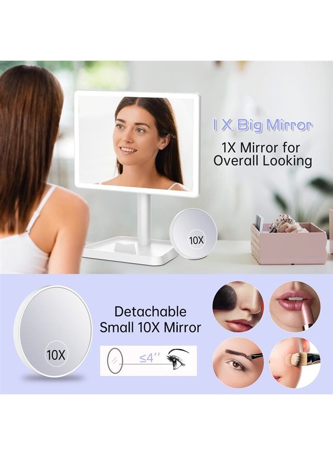 Rechargeable Makeup Mirror with Lights,Lighted Makeup Vanity Mirror with 96 LED Phone Holder and 10X Magnifying Mirror, 3Color Lighting Light Up Cosmetic Mirror with Sensor Touch Dimmable,360°Rotation