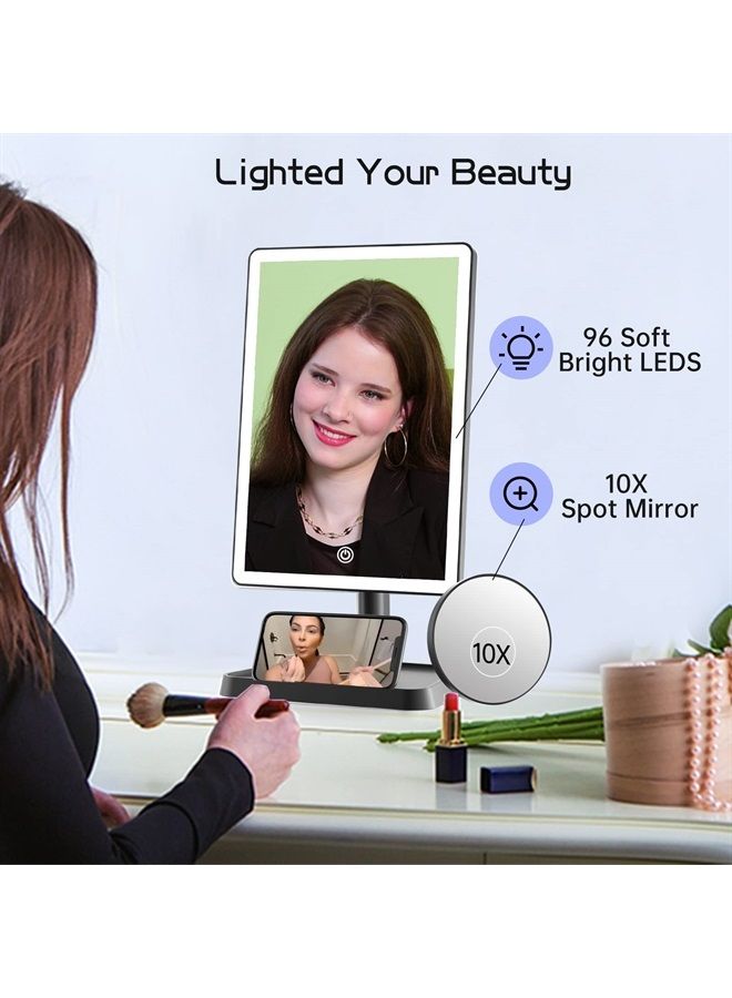 Rechargeable Makeup Mirror with Lights,Lighted Makeup Vanity Mirror with 96 LED Phone Holder and 10X Magnifying Mirror, 3Color Lighting Light Up Cosmetic Mirror with Sensor Touch Dimmable,360°Rotation