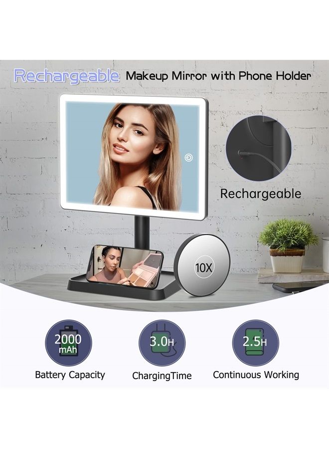 Rechargeable Makeup Mirror with Lights,Lighted Makeup Vanity Mirror with 96 LED Phone Holder and 10X Magnifying Mirror, 3Color Lighting Light Up Cosmetic Mirror with Sensor Touch Dimmable,360°Rotation