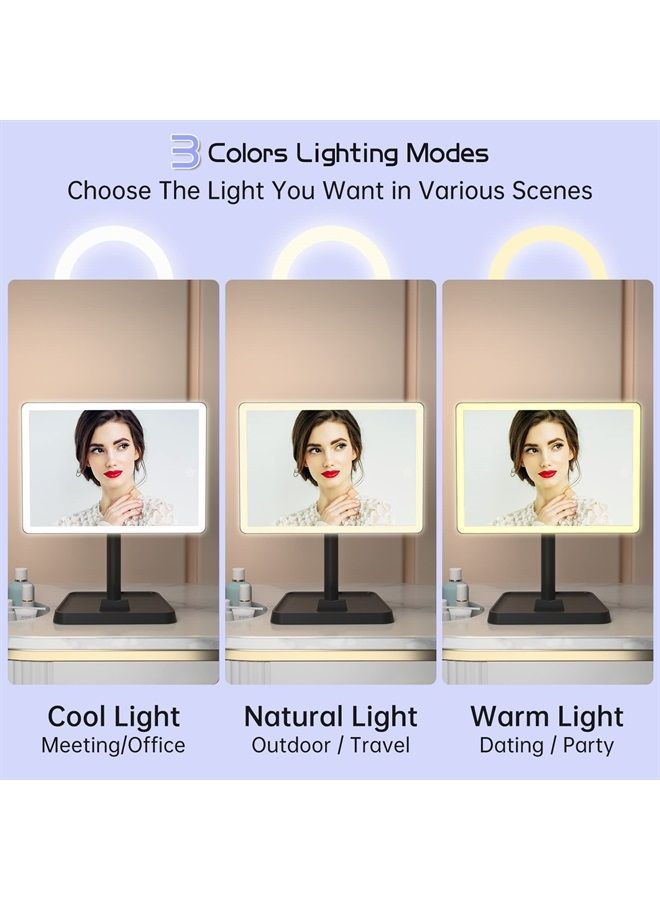 Rechargeable Makeup Mirror with Lights,Lighted Makeup Vanity Mirror with 96 LED Phone Holder and 10X Magnifying Mirror, 3Color Lighting Light Up Cosmetic Mirror with Sensor Touch Dimmable,360°Rotation