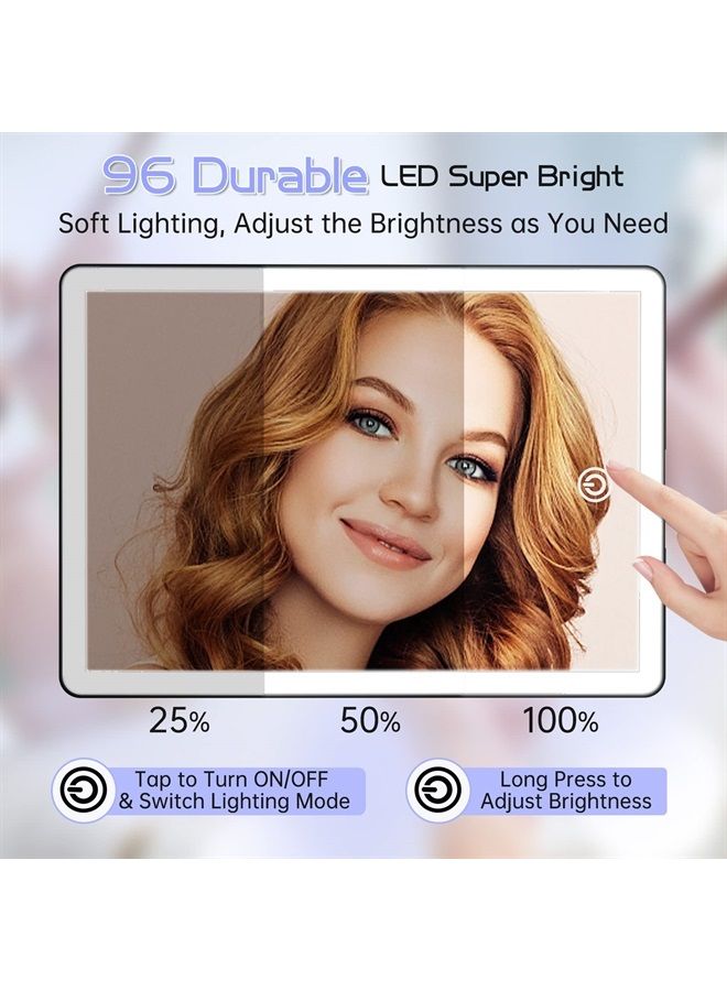 Rechargeable Makeup Mirror with Lights,Lighted Makeup Vanity Mirror with 96 LED Phone Holder and 10X Magnifying Mirror, 3Color Lighting Light Up Cosmetic Mirror with Sensor Touch Dimmable,360°Rotation
