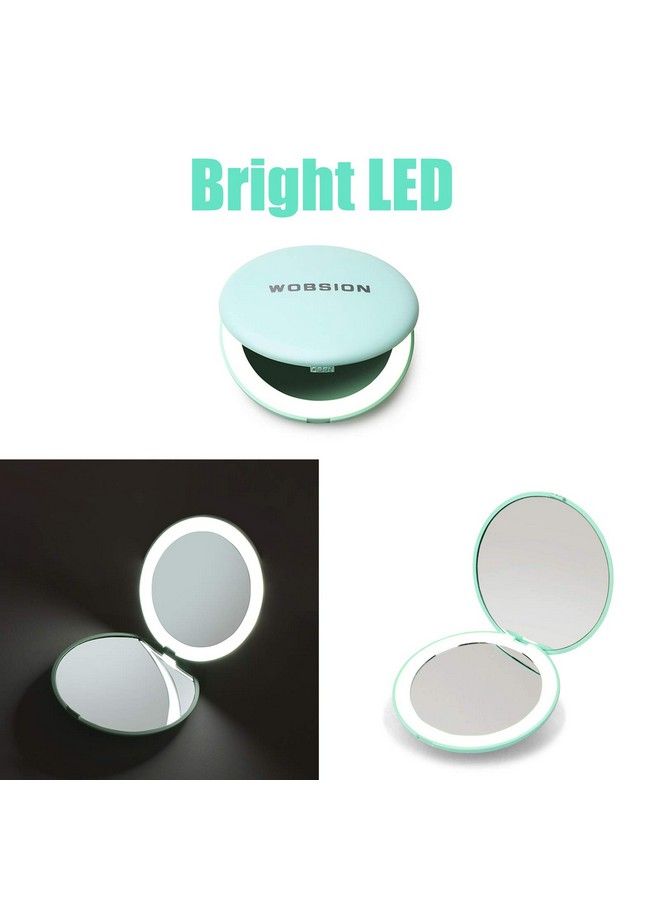 Led Lighted Travel Makeup Mirror 1X/10X Magnification Compact Mirror Portable For Handbag Purse Pocket 3.5 Inch Illuminated Folding Mirror Handheld 2Sided Mirror Round Cyan