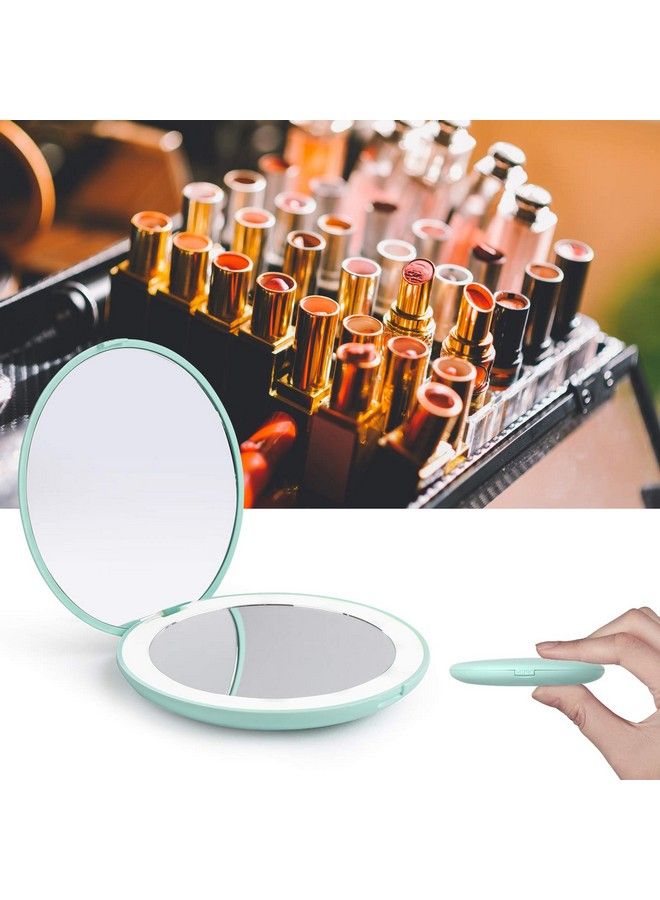 Led Lighted Travel Makeup Mirror 1X/10X Magnification Compact Mirror Portable For Handbag Purse Pocket 3.5 Inch Illuminated Folding Mirror Handheld 2Sided Mirror Round Cyan