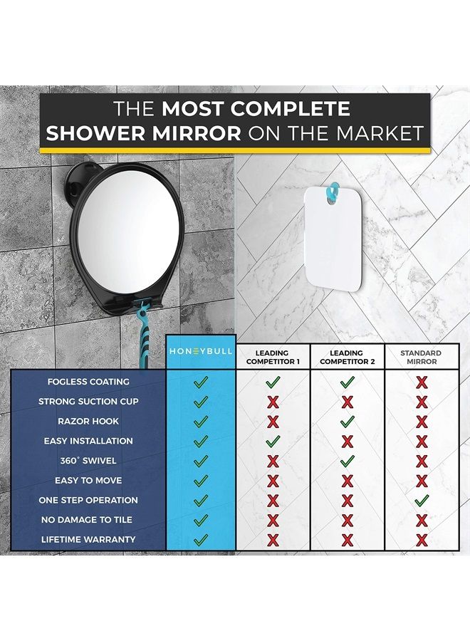 Shower Mirror Fogless for Shaving - with Suction, Razor Holder for Shower & Swivel, Small Mirror, Shower Accessories, Bathroom Mirror, Bathroom Accessories, Holds Razors (Black)