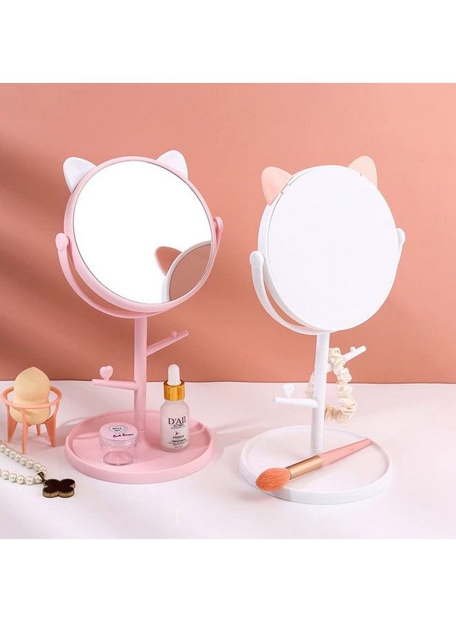 Cosmetic Mirror With Storage Tray Cat Ears Adjustable Vanity Mirror With Small Stand For Makeup Makeup Mirror With Desktop Cosmetic Mirrors (Pink)