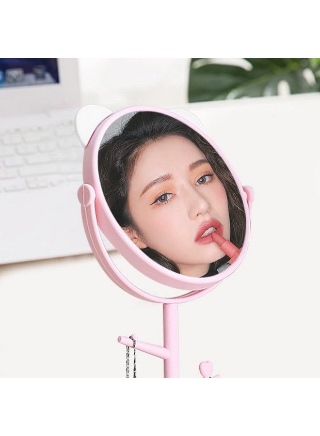 Cosmetic Mirror With Storage Tray Cat Ears Adjustable Vanity Mirror With Small Stand For Makeup Makeup Mirror With Desktop Cosmetic Mirrors (Pink)