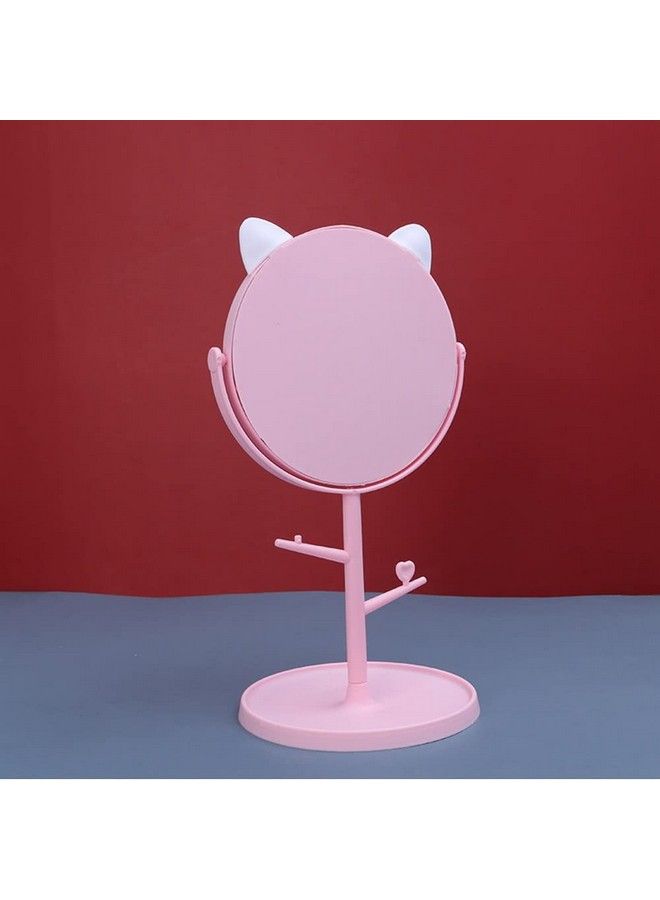 Cosmetic Mirror With Storage Tray Cat Ears Adjustable Vanity Mirror With Small Stand For Makeup Makeup Mirror With Desktop Cosmetic Mirrors (Pink)