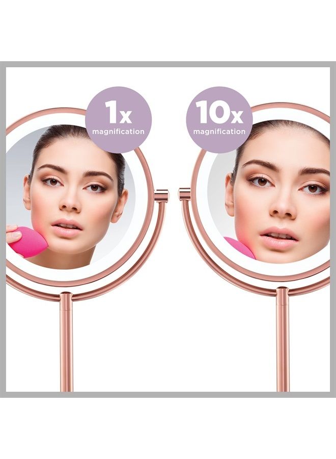 Lighted Makeup -Mirror with Magnification, LED Vanity -Mirror, 1X/10X Magnifying -Mirror, Double Sided -Mirror, Operated-Battery in Rose Gold