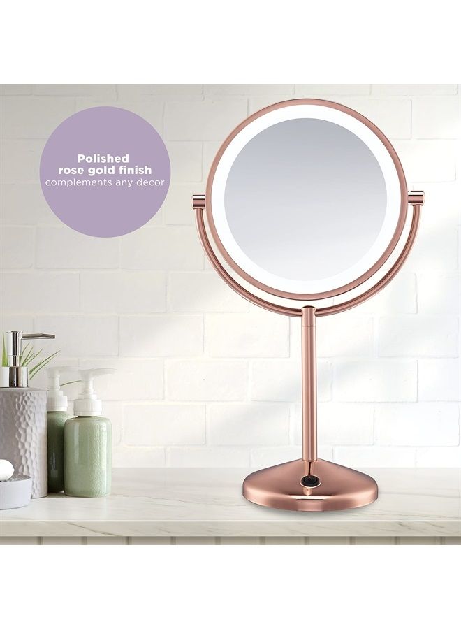 Lighted Makeup -Mirror with Magnification, LED Vanity -Mirror, 1X/10X Magnifying -Mirror, Double Sided -Mirror, Operated-Battery in Rose Gold