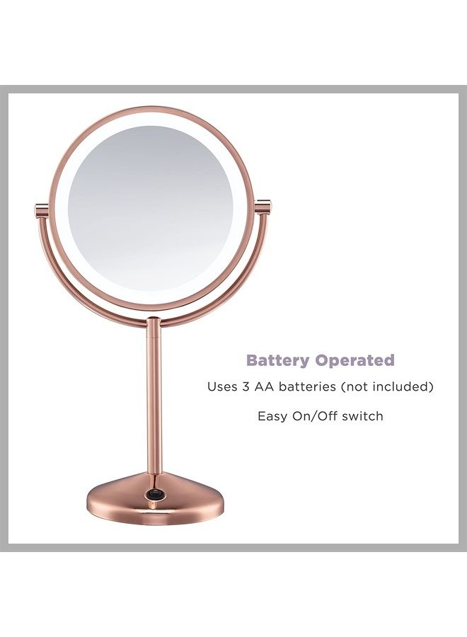 Lighted Makeup -Mirror with Magnification, LED Vanity -Mirror, 1X/10X Magnifying -Mirror, Double Sided -Mirror, Operated-Battery in Rose Gold