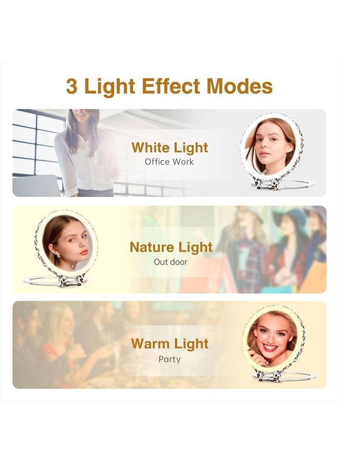 Travel Makeup Mirror with 3 Color Lights and 10X Magnification, Rechargeable Travel Mirror Double Sided, Lighted Led Vanity Desk Magnifying Mirror with Adjustable Rotation, Leopard Print