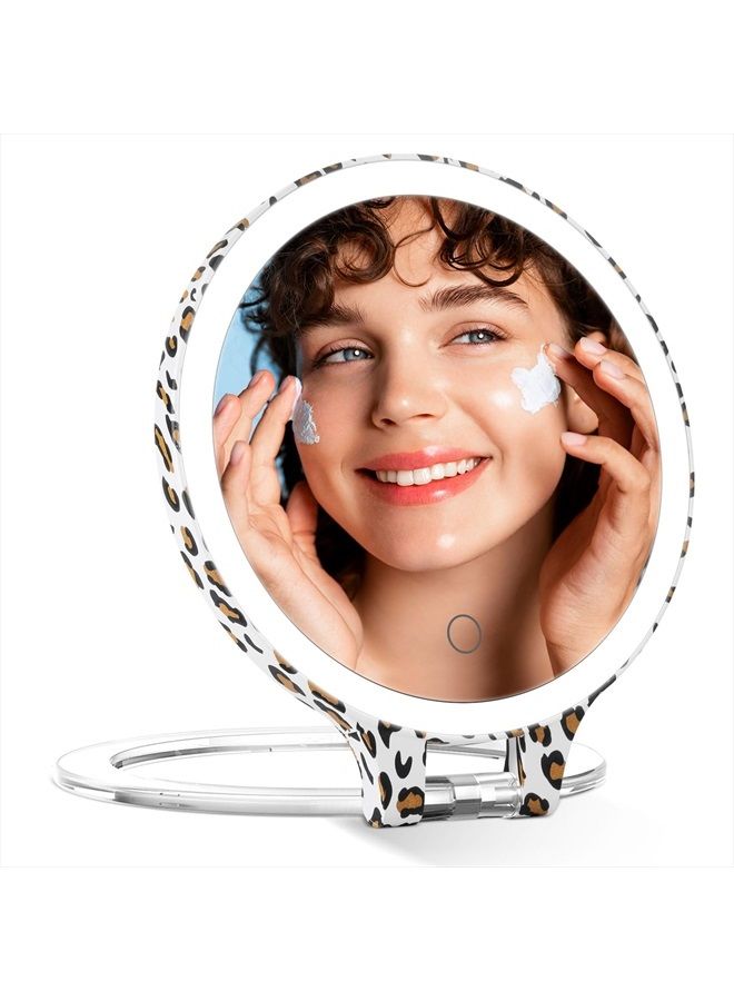 Travel Makeup Mirror with 3 Color Lights and 10X Magnification, Rechargeable Travel Mirror Double Sided, Lighted Led Vanity Desk Magnifying Mirror with Adjustable Rotation, Leopard Print