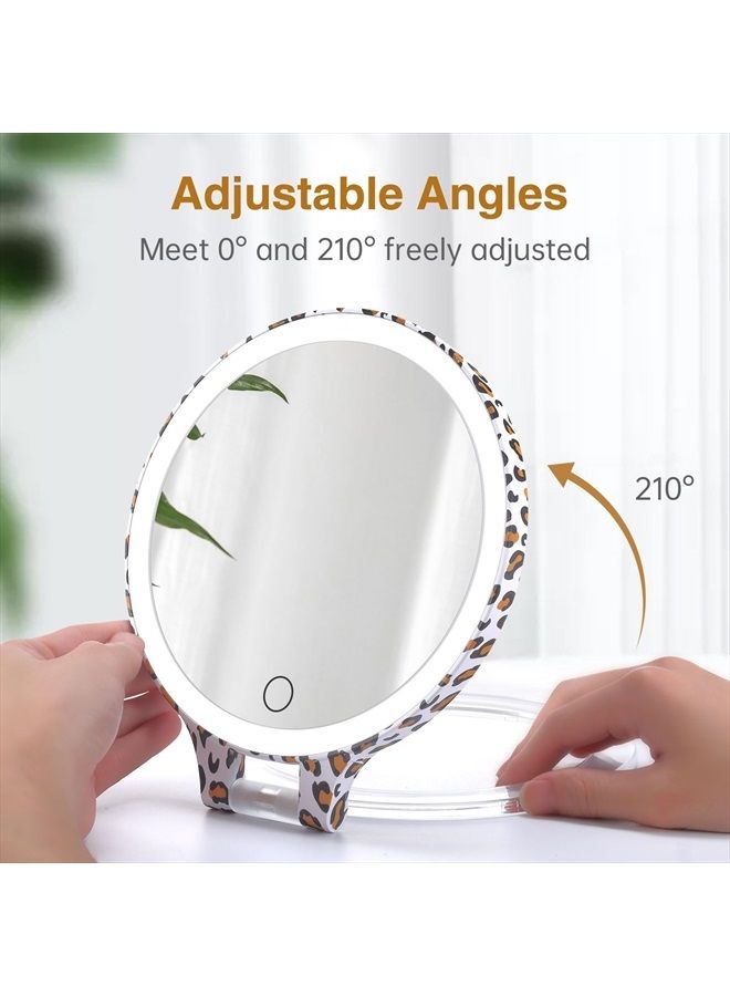 Travel Makeup Mirror with 3 Color Lights and 10X Magnification, Rechargeable Travel Mirror Double Sided, Lighted Led Vanity Desk Magnifying Mirror with Adjustable Rotation, Leopard Print