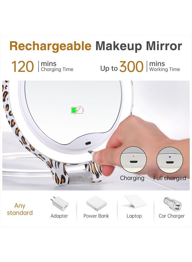 Travel Makeup Mirror with 3 Color Lights and 10X Magnification, Rechargeable Travel Mirror Double Sided, Lighted Led Vanity Desk Magnifying Mirror with Adjustable Rotation, Leopard Print
