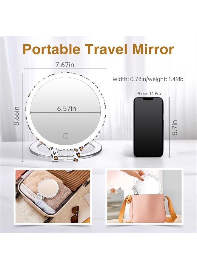 Travel Makeup Mirror with 3 Color Lights and 10X Magnification, Rechargeable Travel Mirror Double Sided, Lighted Led Vanity Desk Magnifying Mirror with Adjustable Rotation, Leopard Print