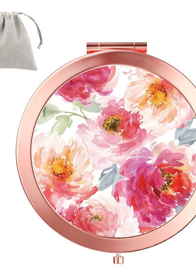 Compact Mirror Round Rose Gold Makeup Mirror Folding Mini Pocket Mirror Portable Hand Mirror Double-Sided with 2 x 1x Magnification for Woman Mother Kids Great Gift (Watercolor Flower)