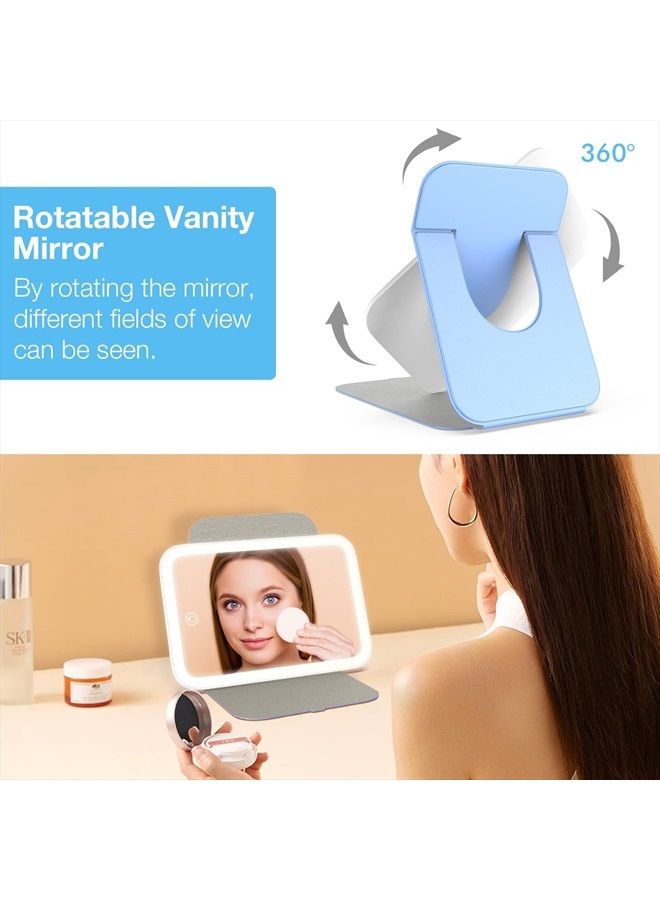 Travel Makeup Mirror, Portable LED Lighted Makeup Mirror, 360° Rotation Touch Screen Vanity Mirror, 3-Color Dimmable Lighting, Rechargeable Tabletop Folding Cosmetic Mirror, Blue