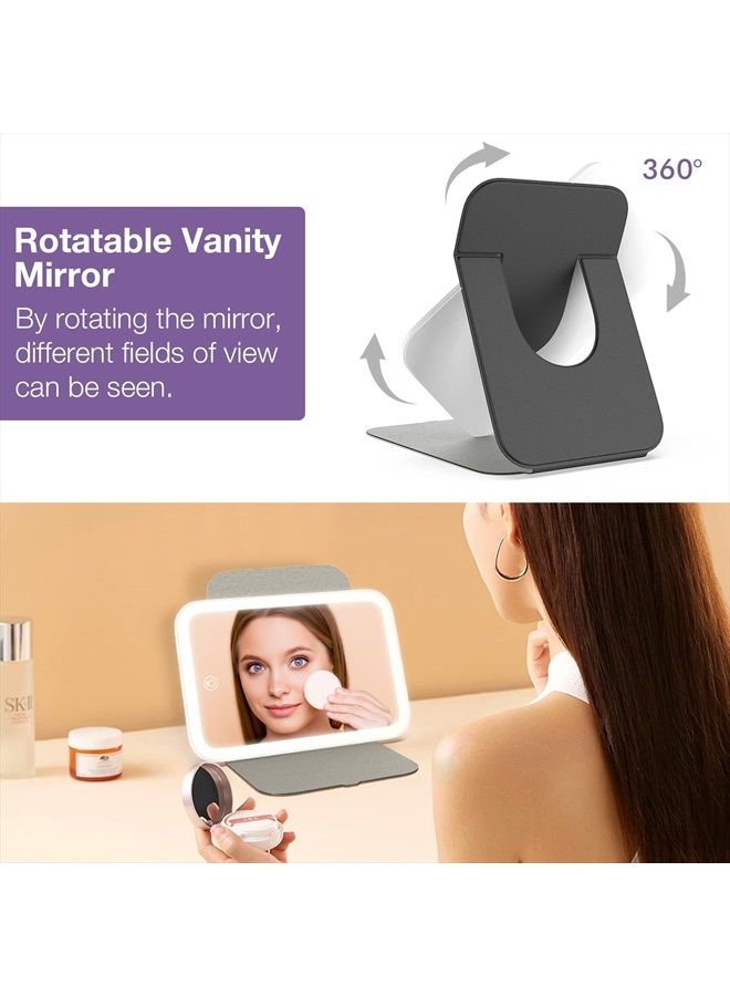 Travel Makeup Mirror, Portable LED Lighted Makeup Mirror, 360° Rotation Touch Screen Vanity Mirror, 3-Color Dimmable Lighting, Rechargeable Tabletop Folding Cosmetic Mirror, Black