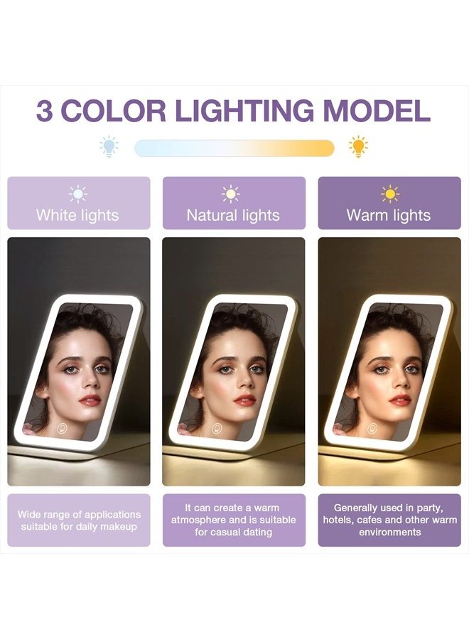 Travel Makeup Mirror, Portable LED Lighted Makeup Mirror, 360° Rotation Touch Screen Vanity Mirror, 3-Color Dimmable Lighting, Rechargeable Tabletop Folding Cosmetic Mirror, Black