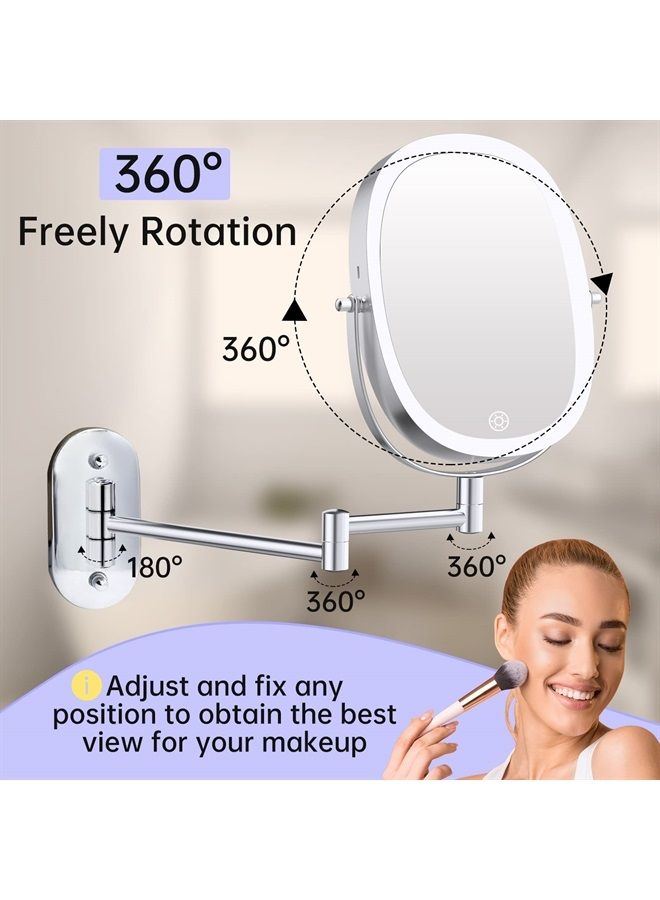 Rechargeable Lighted Wall Mounted Makeup Mirror, Double Sided 1X/7X Magnifying Mirror, 3 Lighting Option Dimmable, Extension Foldable Arm, Oval Frame Wall Mounted Mirror for Bathroom
