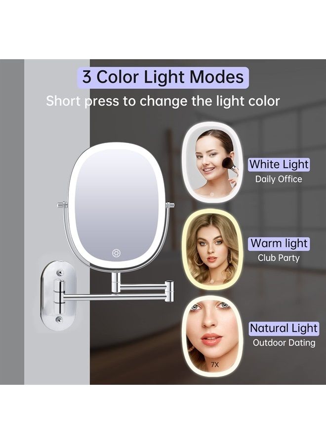 Rechargeable Lighted Wall Mounted Makeup Mirror, Double Sided 1X/7X Magnifying Mirror, 3 Lighting Option Dimmable, Extension Foldable Arm, Oval Frame Wall Mounted Mirror for Bathroom