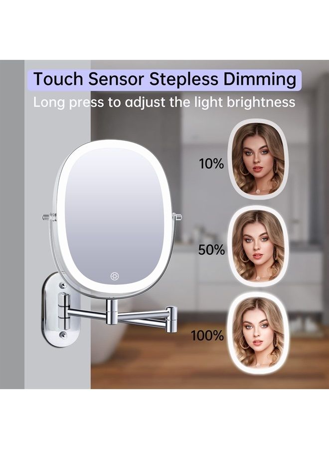 Rechargeable Lighted Wall Mounted Makeup Mirror, Double Sided 1X/7X Magnifying Mirror, 3 Lighting Option Dimmable, Extension Foldable Arm, Oval Frame Wall Mounted Mirror for Bathroom
