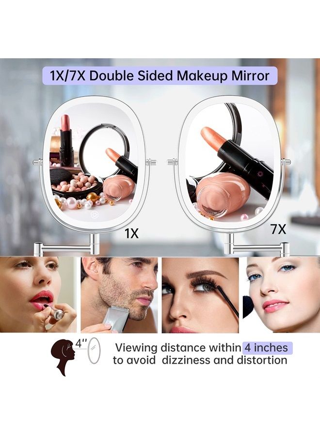 Rechargeable Lighted Wall Mounted Makeup Mirror, Double Sided 1X/7X Magnifying Mirror, 3 Lighting Option Dimmable, Extension Foldable Arm, Oval Frame Wall Mounted Mirror for Bathroom