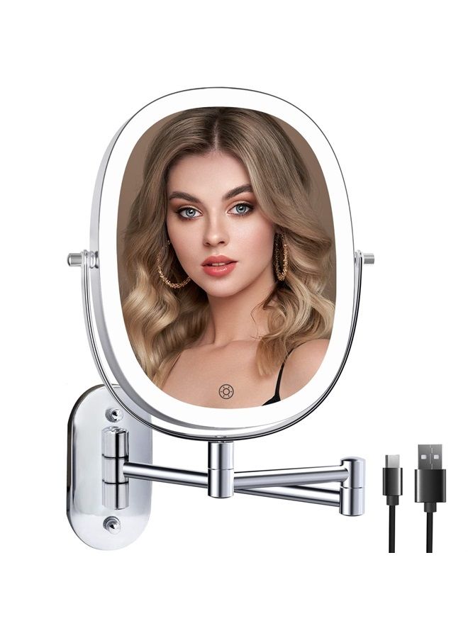 Rechargeable Lighted Wall Mounted Makeup Mirror, Double Sided 1X/7X Magnifying Mirror, 3 Lighting Option Dimmable, Extension Foldable Arm, Oval Frame Wall Mounted Mirror for Bathroom