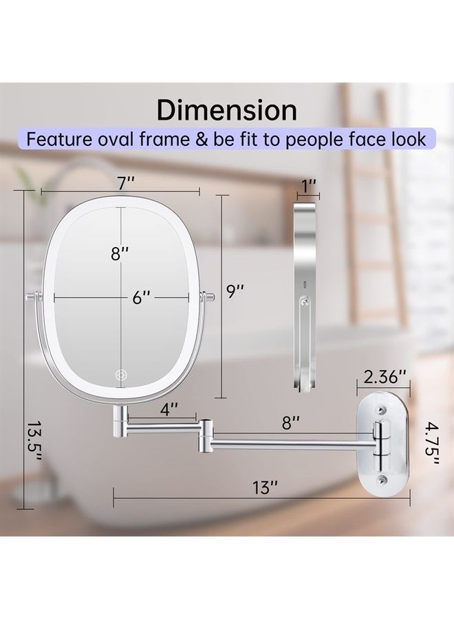 Rechargeable Lighted Wall Mounted Makeup Mirror, Double Sided 1X/7X Magnifying Mirror, 3 Lighting Option Dimmable, Extension Foldable Arm, Oval Frame Wall Mounted Mirror for Bathroom