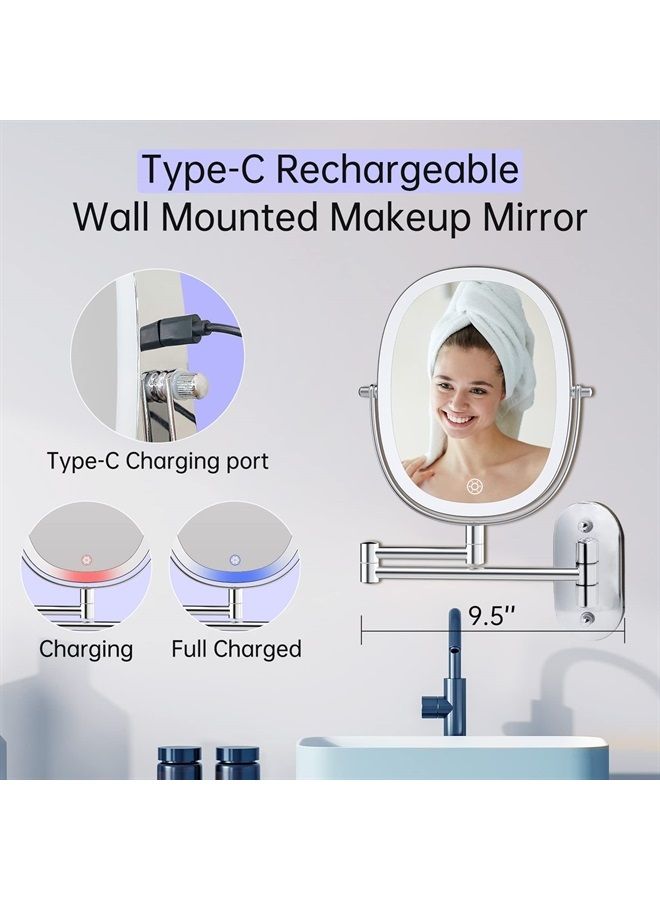 Rechargeable Lighted Wall Mounted Makeup Mirror, Double Sided 1X/7X Magnifying Mirror, 3 Lighting Option Dimmable, Extension Foldable Arm, Oval Frame Wall Mounted Mirror for Bathroom