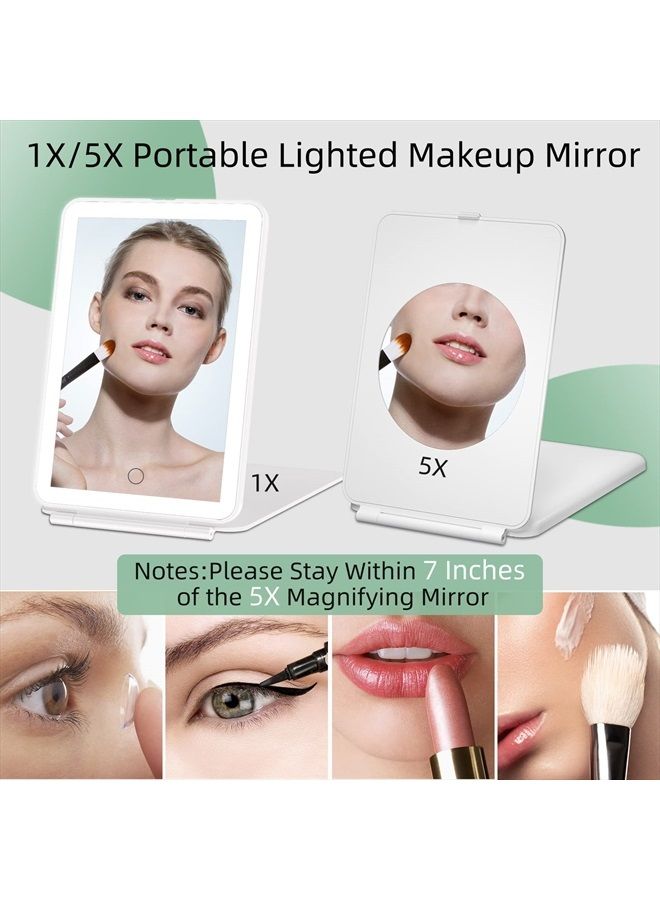 Rechargeable Portable Makeup Mirror with 72 LED Lights, Travel Lighted Makeup Mirror 1X/5X Magnification, 3 Color Lighting,Dimmable Touch Screen, Tabletop Folding Cosmetic Mirror with Lights