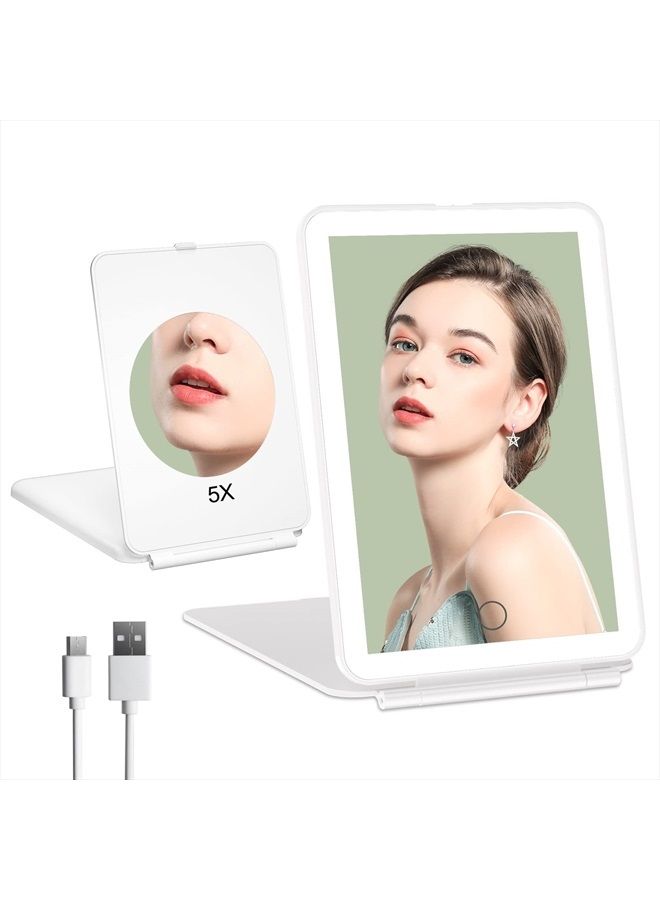 Rechargeable Portable Makeup Mirror with 72 LED Lights, Travel Lighted Makeup Mirror 1X/5X Magnification, 3 Color Lighting,Dimmable Touch Screen, Tabletop Folding Cosmetic Mirror with Lights